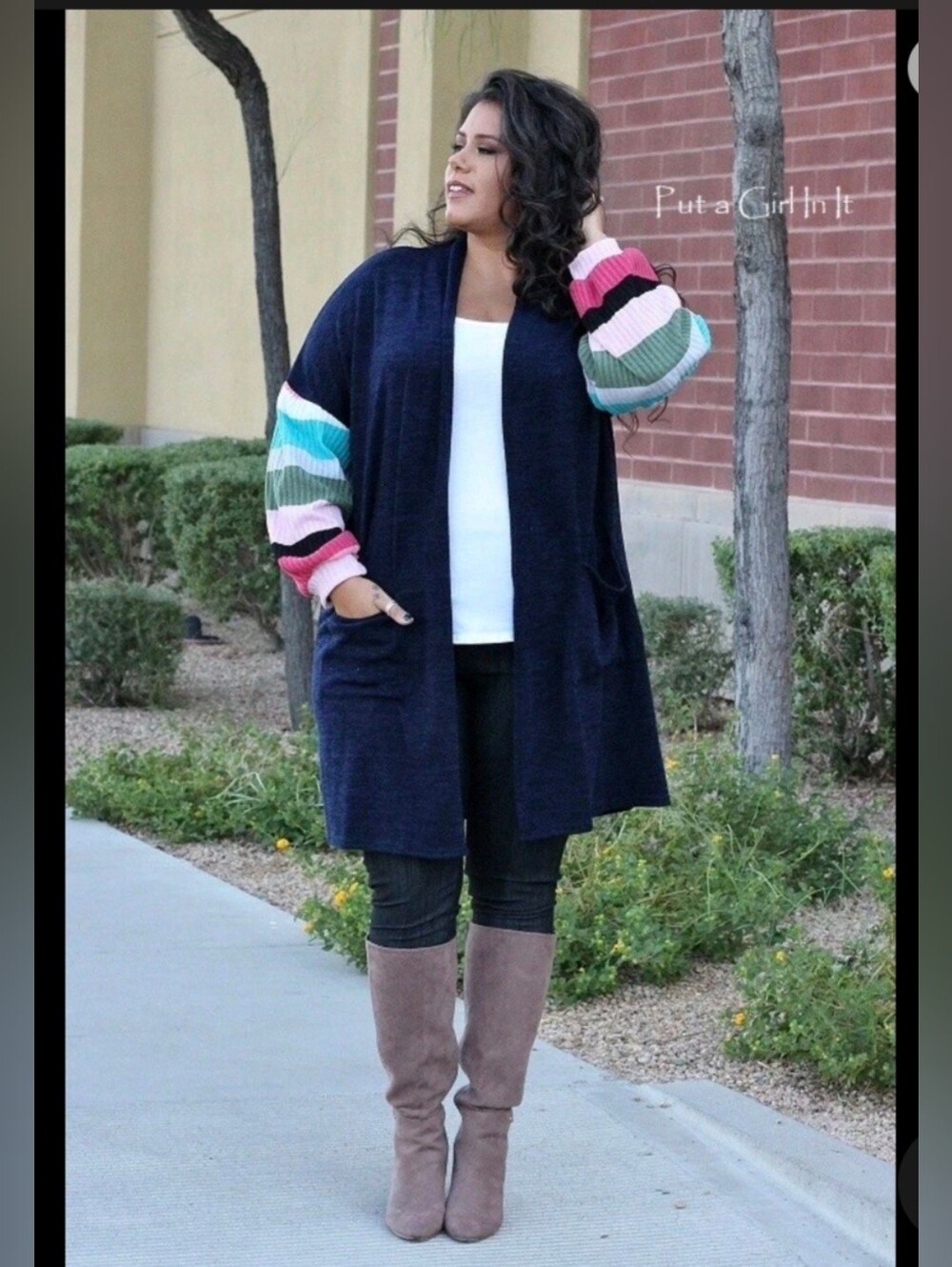 Lovely J Navy Open-Front Cardigan with Multi-Color Stripe Baloon Sleeves Size M